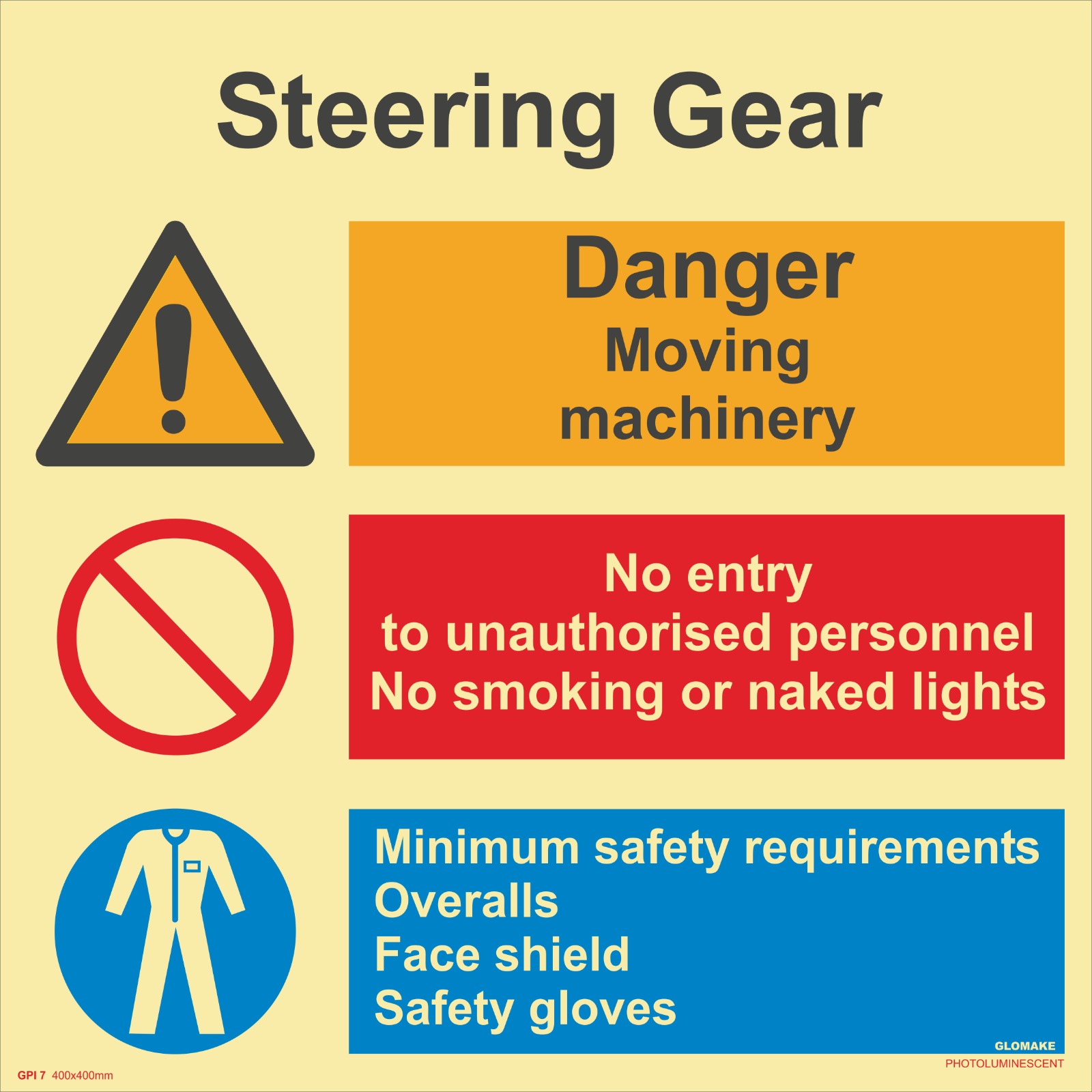 STEERING GEAR
DANGER 
MOVING MACHINERY
NO ENTRY TO UNAUTHORISED PERSONNEL , NO SMOKING OR NAKED LIGHTS
MINIMUM SAFETY REQUIREMENTS OVERALLS , FACE SHIELD , SAFETY GLOVES
(GPI 07)